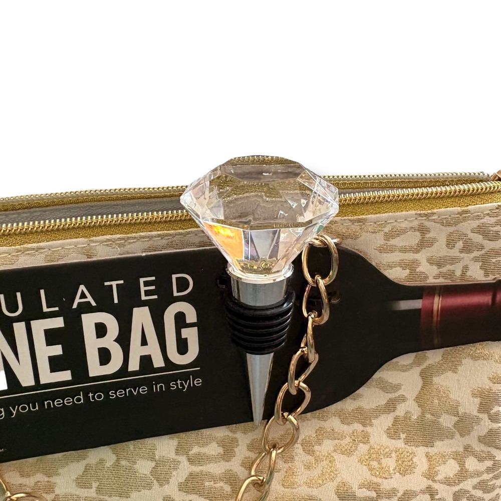 Wild Eye Designs Insulated Wine Bag Leopard Print Gold Chain Rhinestone Stopper - Picture 6 of 8